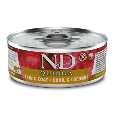 - Indoor cat food Farmina N&D Quinoa, Skin and Coat, Quail, Adult - Cat Wet Food, 80g - Indoor cat food Farmina N&D Quinoa, Skin and Coat, Quail, Adult - Cat Wet Food, 80g