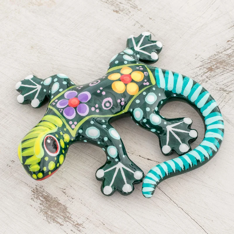 -Explosion-proof leash FOR LARGE dogsGecko of the Garden in Green Hand Painted Green Multi-Color Floral Motif Ceramic Gecko -Explosion-proof leash FOR LARGE dogsGecko of the Garden in Green Hand Painted Green Multi-Color Floral Motif Ceramic Gecko