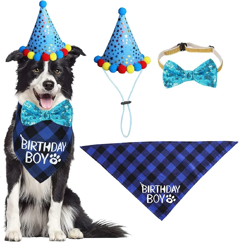 ---Dog Birthday Party Supplies, Dog Birthday Bandana Boy Girl and Dog Birthday Party Hat with Dog Bow Tie Collar for Medium Large Dogs (Blue, Large) ---Dog Birthday Party Supplies, Dog Birthday Bandana Boy Girl and Dog Birthday Party Hat with Dog Bow Tie Collar for Medium Large Dogs (Blue, Large)