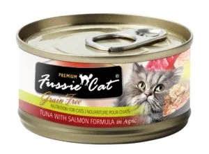    - Fish-based cat food  Fussie Cat Premium Tuna with Salmon Formula In Aspic 2.8oz