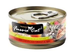    - High-fiber cat food  Fussie Cat Premium Tuna with Chicken Liver Formula In Aspic 2.8oz