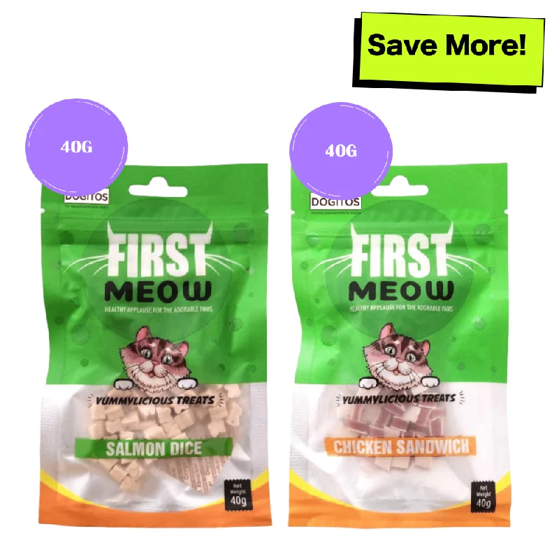 - Organic cotton dog bibsFirst Meow Salmon Dice and Chicken Sandwich Cat Treat Combo