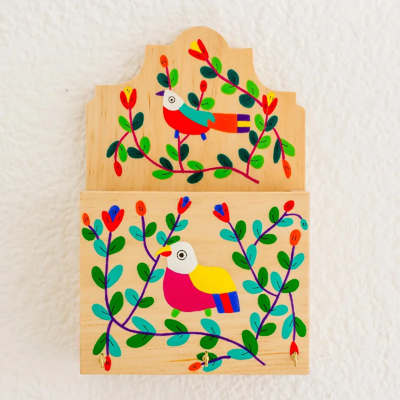 ---Cheery Birds Colorful Bird and Flowers Pinewood Letter and Key Holder