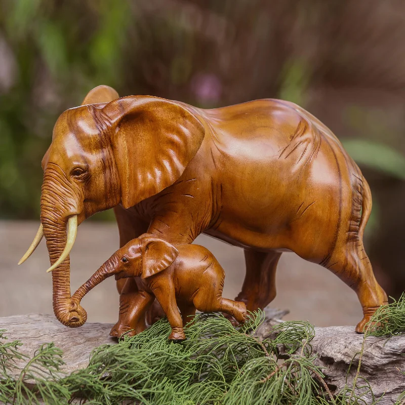 - Dog anti-slip matElephant and Calf Suar Wood Elephant Mother and Baby Sculpture