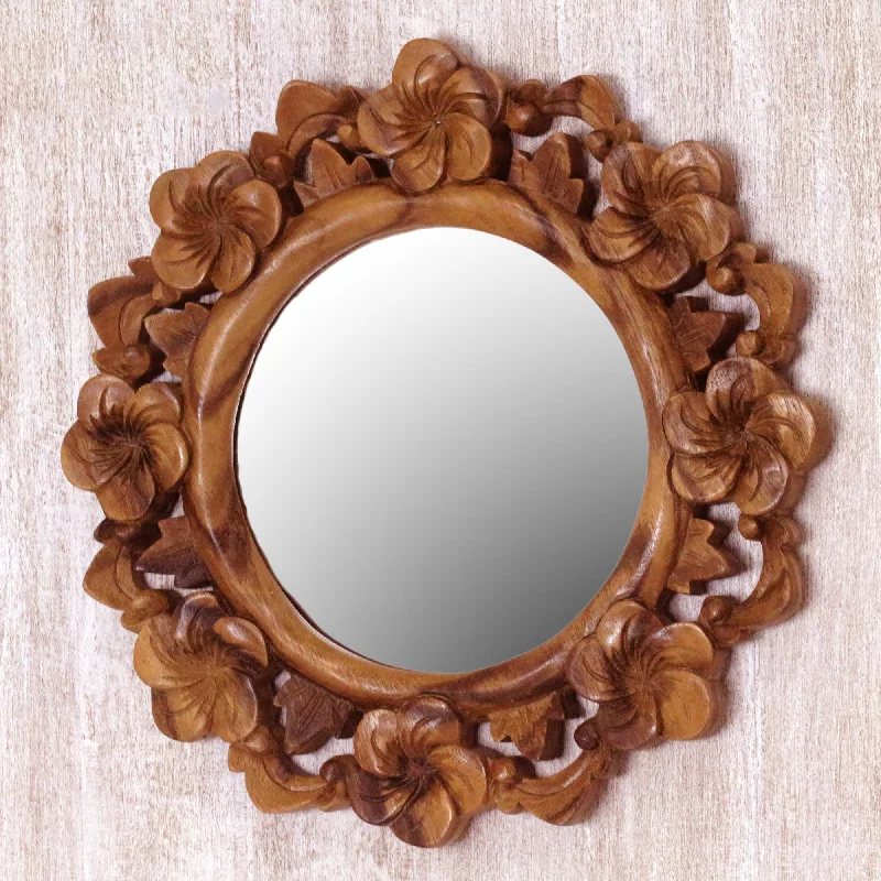 ---Jepun Reflection Hand Carved Natural Wood Balinese Floral Wall Mirror