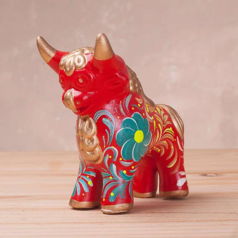 ---Steadfast Pucara Bull in Red Red Ceramic Bull Sculpture with Floral Designs from Peru