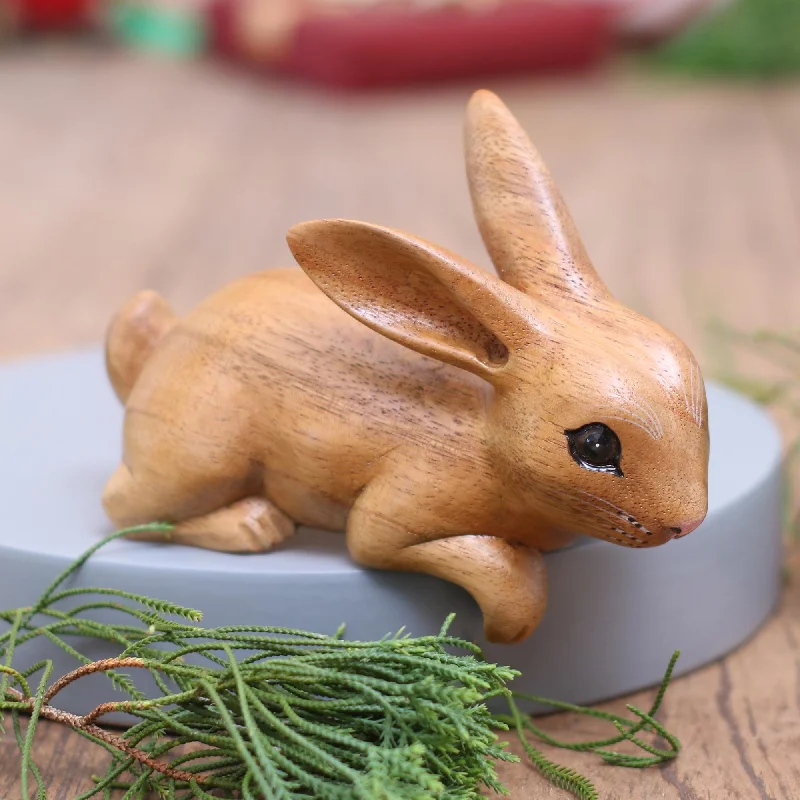 - Organic cotton dog bibsCurious Rabbit in Brown Handcrafted Suar Wood Rabbit Sculpture in Brown from Bali