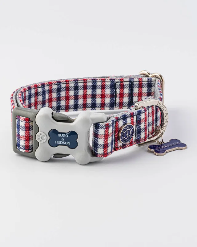 ---Checked Navy and Red Fabric Dog Collar