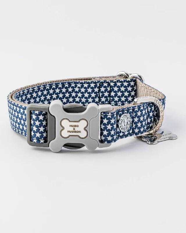 ---Navy Star Fabric Dog Collar