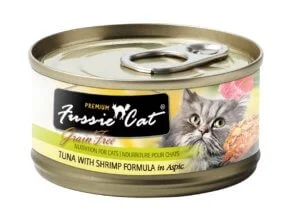    - Chicken flavor cat food  Fussie Cat Premium Tuna with Shrimp Formula In Aspic 2.8oz