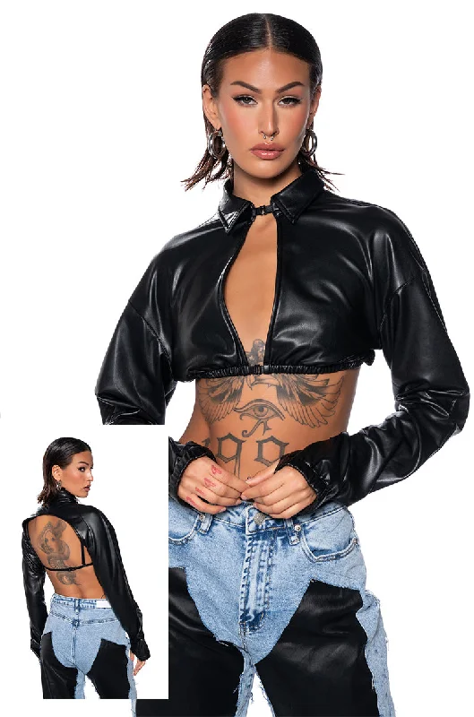 KEEP UP FAUX LEATHER COLLARED CROPPED SHIRT