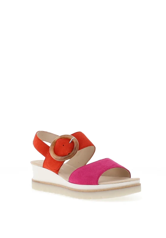 Gabor Leather Colour Block Wedge Sandals, Pink & Pumpkin