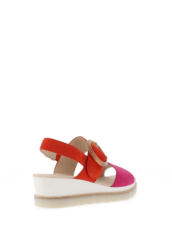 Gabor Leather Colour Block Wedge Sandals, Pink & Pumpkin