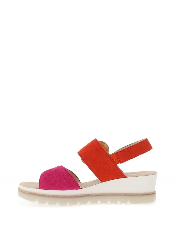 Gabor Leather Colour Block Wedge Sandals, Pink & Pumpkin