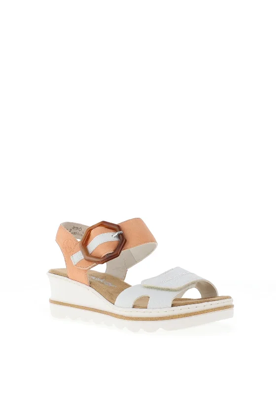 Rieker Buckle Velcro Strap Wedged Sandals, White Combi