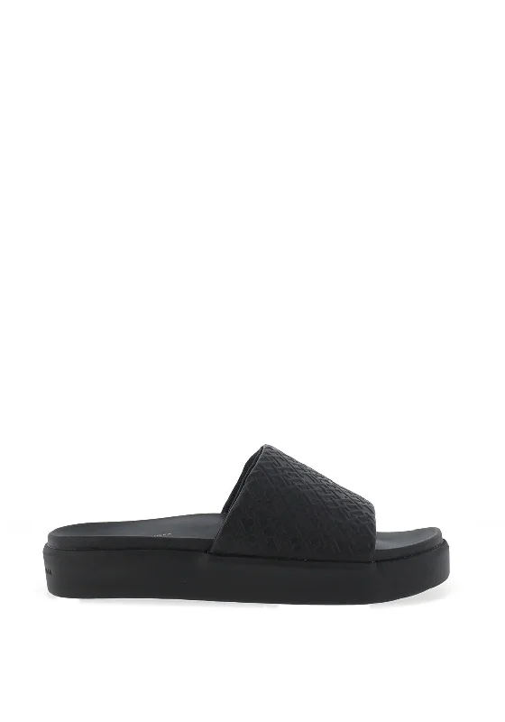 Tommy Hilfiger Womens Monogram Platform Pool Sliders, Black