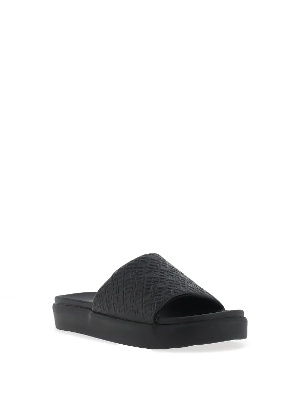 Tommy Hilfiger Womens Monogram Platform Pool Sliders, Black