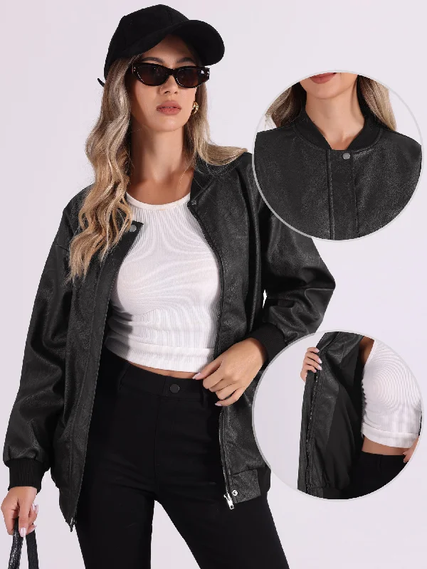 Zip Up Oversized Faux Leather Moto Bomber Jacket